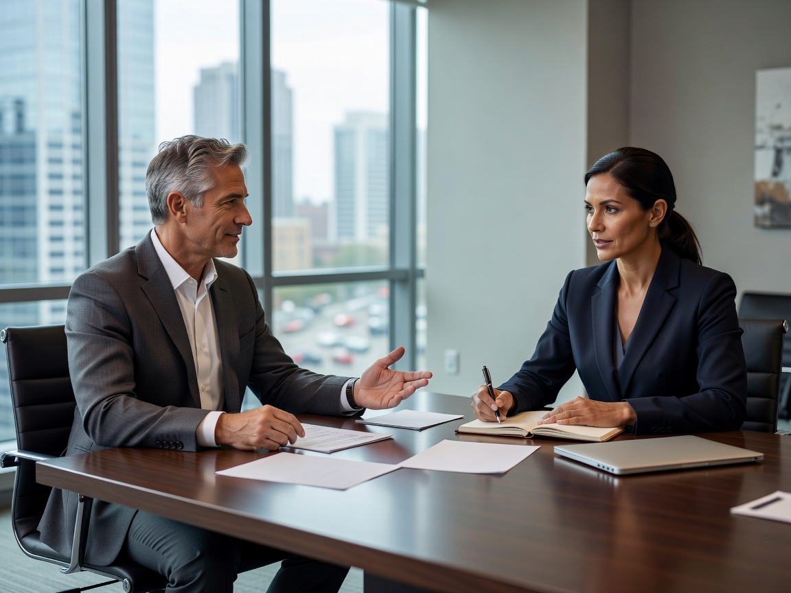 Executive career transition mentorship meeting between professional mentor and career candidate