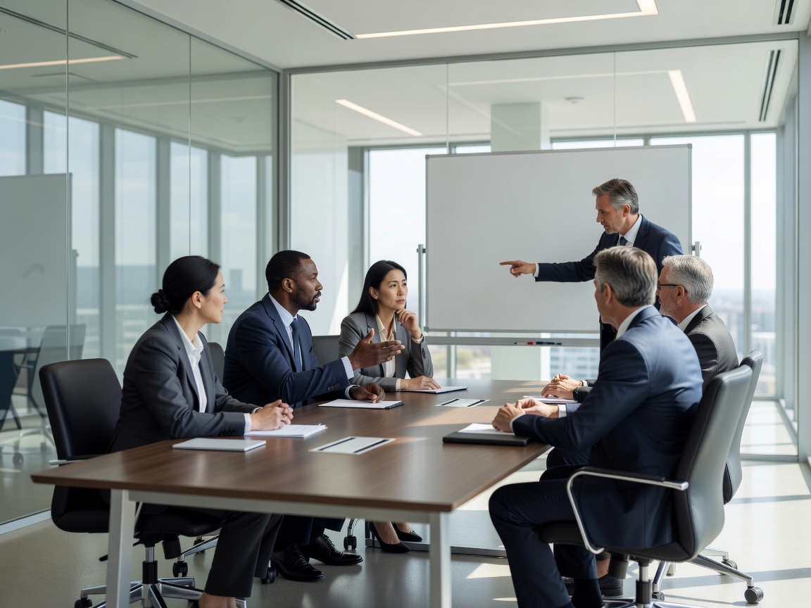 Executive team discussing career pathing strategy in modern conference room